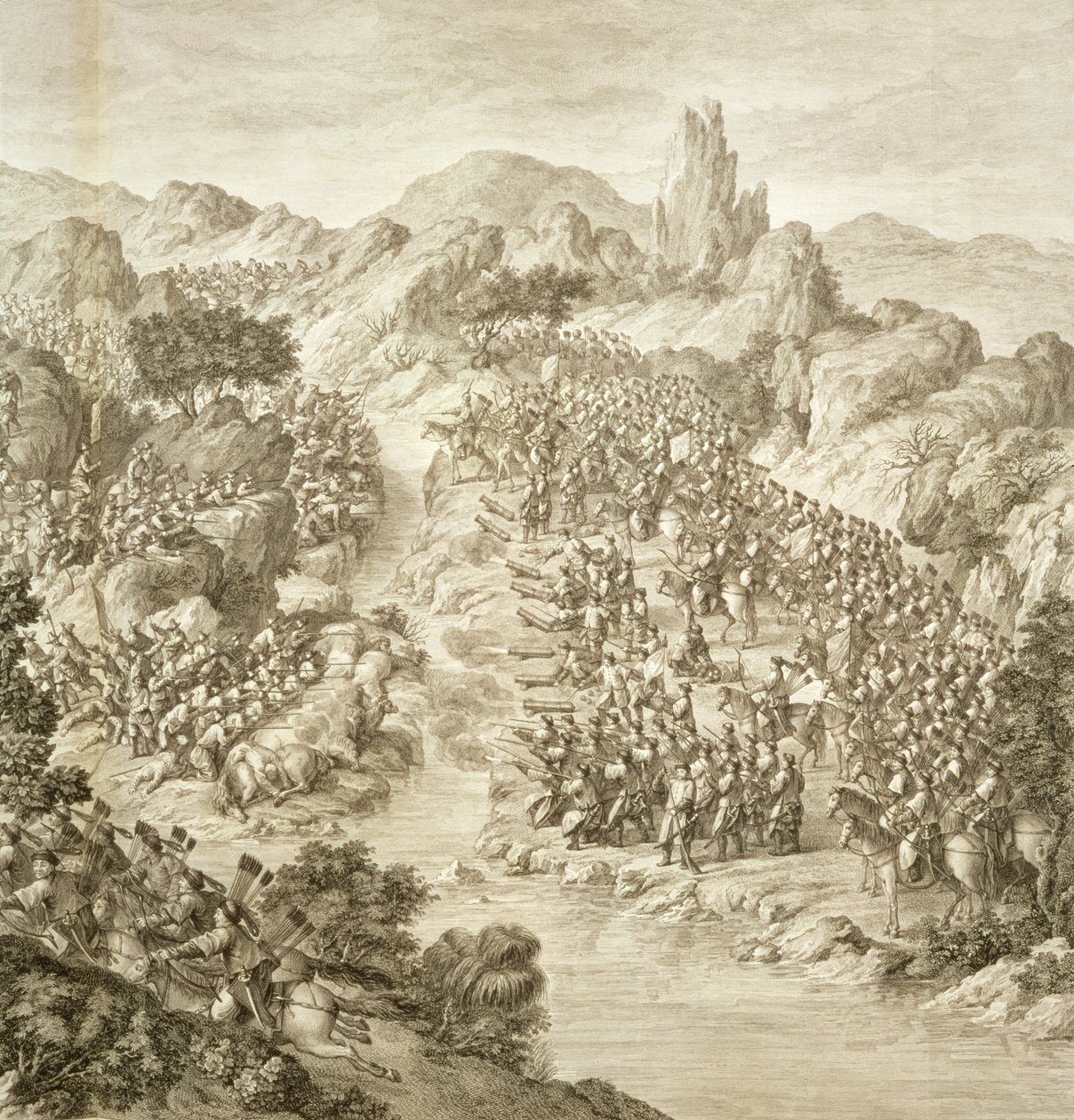 المعركة الأولى بين الجيش الصيني وجيش إليوث في عام 1759 ، تفاصيل القتال عبر النهر ، اللوحة 10 من سلسلة من المطبوعات التي تمثل فتوحات تشيان لونغ ، إمبراطور بواسطة جان داماسين
