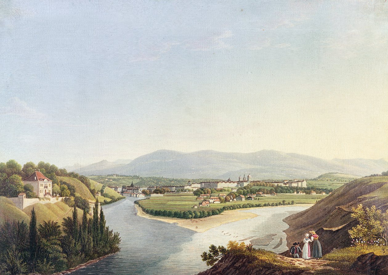منظر لجنيف من ملتقى الرون والحوض ، منقوش بواسطة فريدريش سالاتي (1793-1860) بواسطة جان دوبوا