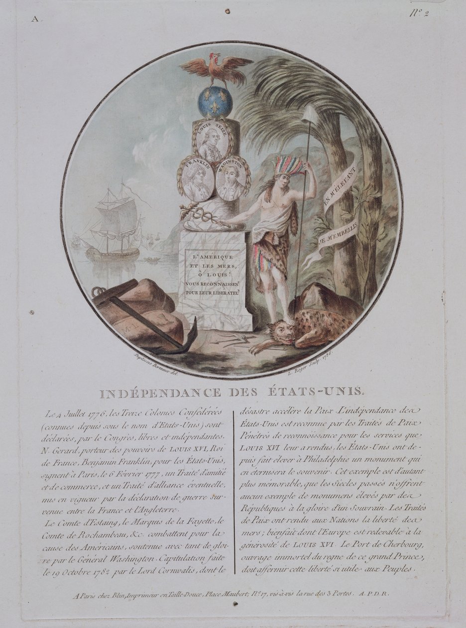 استقلال الولايات المتحدة ، منقوش بواسطة L. Roger ، 1786 (ليثو ملون) بواسطة جان دوبليسيس بيرتو