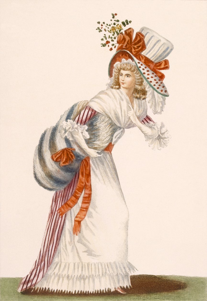 فستان نهاري مثير للسيدات ، لوحة من "Galeries des Modes et Costumes Francais" ، c.1778-87 99: ملابس ؛ لباس تقليدي لباس تقليدي؛ موضه؛ توضيح؛ ج 18 ؛ فاشي بواسطة جان فلوران ديفين