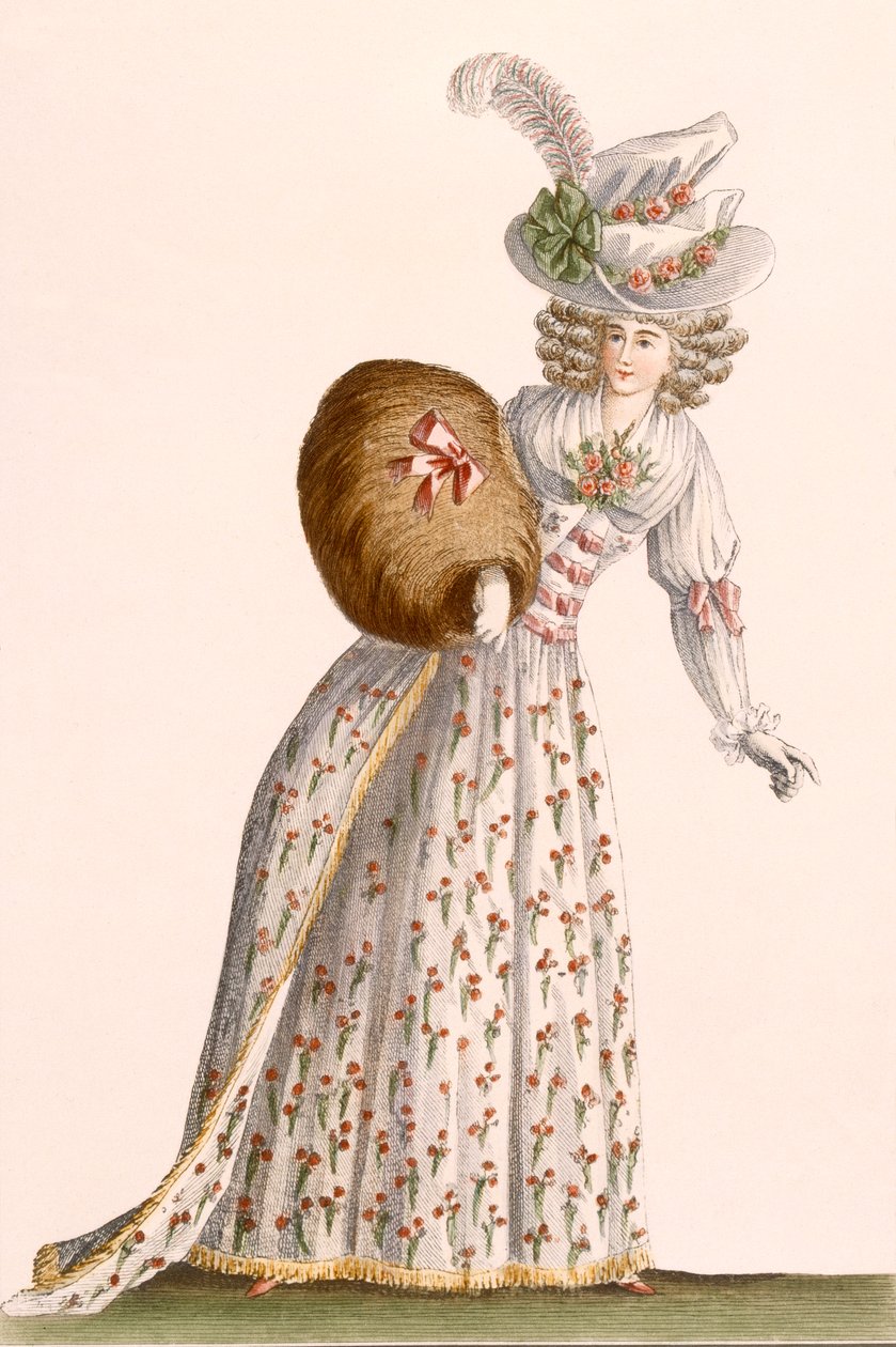 ثوب سيدة مطرز بالزهور الصغيرة ، من "Galeries des Modes et Costumes Francais" ، c.1778-87 99: ملابس ؛ لباس تقليدي لباس تقليدي؛ موضه؛ توضيح؛ ج بواسطة جان فلوران ديفين