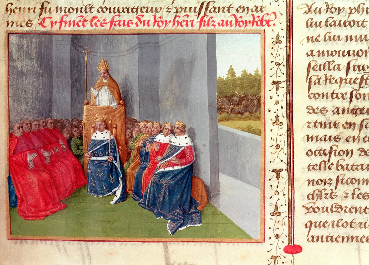 السيدة Fr 6465 Fol.174 Urban II (c.1035-99) الوعظ بالحملة الصليبية في كليرمون بحضور الملك فيليب الأول (1053-1108) من فرنسا عام 1095 ، من "Les Grandes Chroniques de France" ، c.1460 بواسطة جان فوكيه