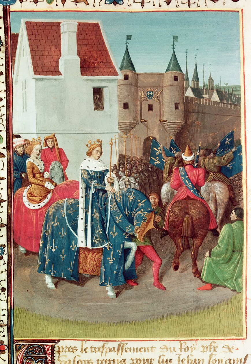 السيدة Fr 6465 f.378v دخول باريس للملك جان الثاني (1319-64) Le Bon و Queen Jeanne of Boulogne ، من "Les Grandes Chroniques de France" ، c.1460 بواسطة جان فوكيه
