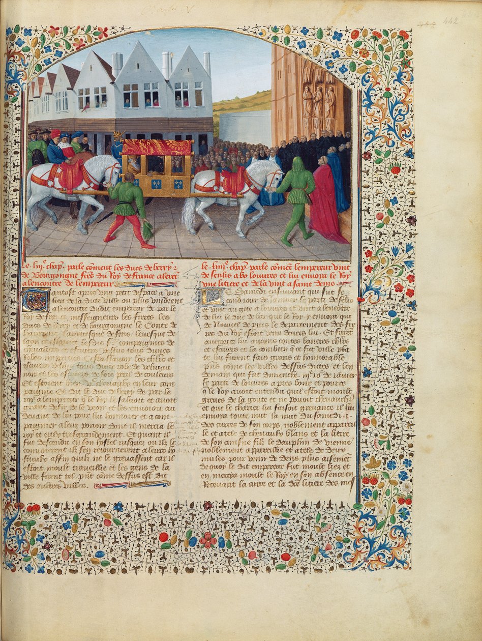 السيدة Fr 6465 fol.442 وصول الإمبراطور تشارلز الرابع (1316-78) إلى كاتدرائية سانت دينيس من Grandes Chroniques de France ، c.1460 (انظر أيضًا 192993) بواسطة جان فوكيه