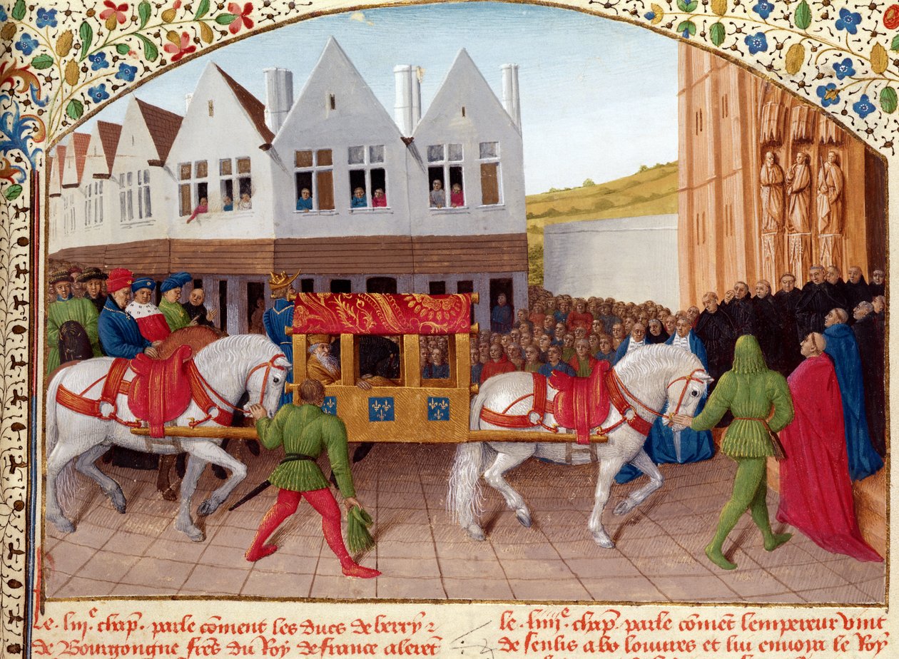 السيدة Fr 6465 fol.442 وصول الإمبراطور تشارلز الرابع (1316-78) إلى كاتدرائية سانت دينيس عام 1378 ، من "Les Grandes Chroniques de France" ، ج .1460 بواسطة جان فوكيه