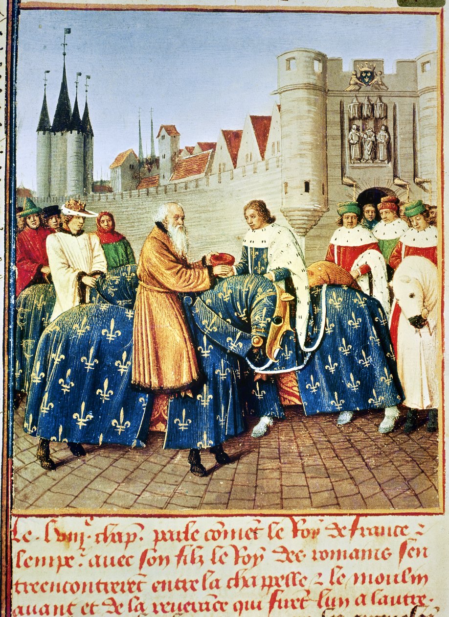 السيدة Fr 6465 fol.444 Charles V (1338-80) تستقبل الإمبراطور Charles IV (1316-78) في معبد بورت دو في باريس ، يناير 1378 ، من "Grand Grand Chroniques de France" ، c.1460 بواسطة جان فوكيه