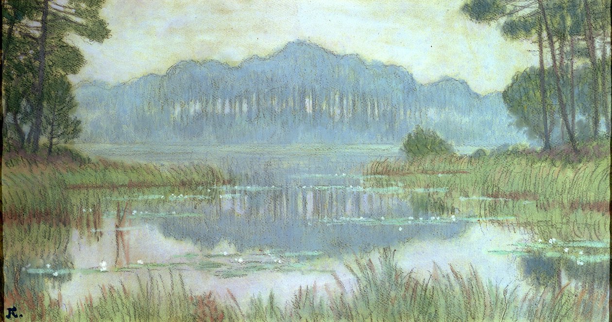 منظر طبيعي مع بركة متضخمة ، c.1900 (قلم رصاص ومرحاض على ورق) بواسطة جان فرانسيس أوبورتين