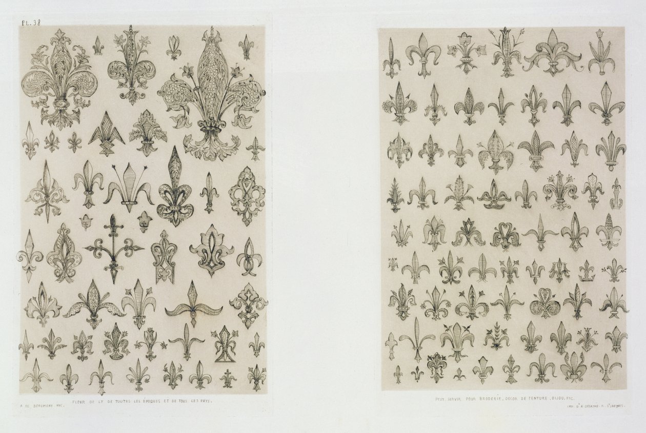 تصميمات Fleur de Lys من كل الأعمار ومن جميع أنحاء العالم ، من "الفن والصناعة" ، التي نشرتها Delatre ، باريس ، 1857 بواسطة جان فرانسوا ألبانيس دي بومونت
