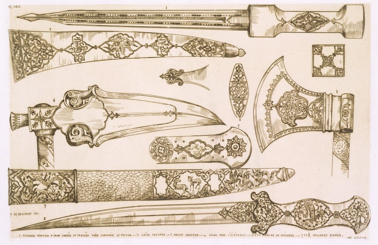 تصميمات إسلامية ومغربية لشفرات السكاكين ، من "الفن والصناعة" ، نشرتها Delatre ، باريس ، 1857 بواسطة جان فرانسوا ألبانيس دي بومونت