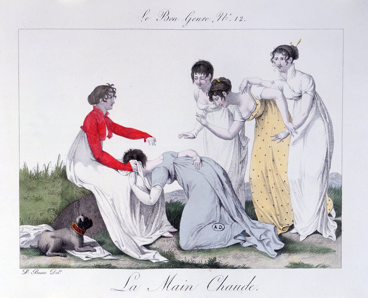 لعبة "La Main Chaude" ("Hot Cockles") ، أوائل القرن التاسع عشر (نقش الألوان) بواسطة جان فرانسوا بوسيو