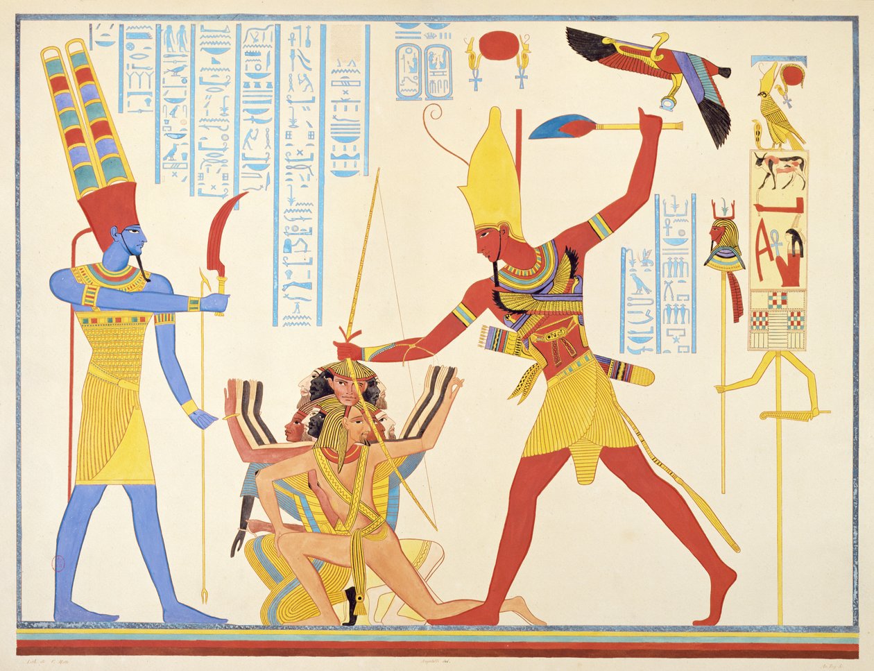 يقدم الإله آمون سلاحًا منجلًا للفرعون رمسيس الثالث عندما يضرب عدوين أسرى ، 1835-1845 بواسطة جان فرانسوا شامبليون