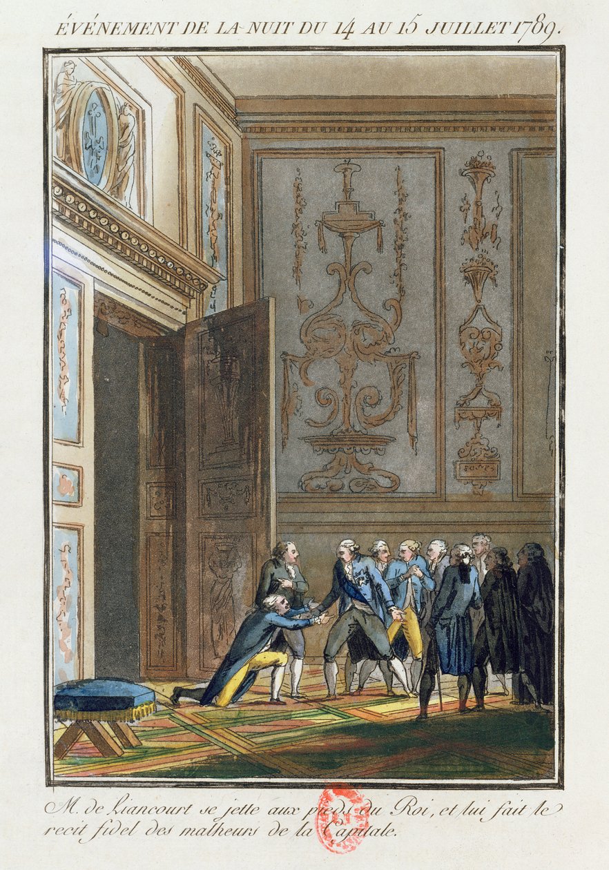 مسيو دي ليانكور (1747-1827) يخبر لويس السادس عشر (1754-93) في فرساي للأحداث في باريس في 14 يوليو 1789 بواسطة جان فرانسوا جانينيت