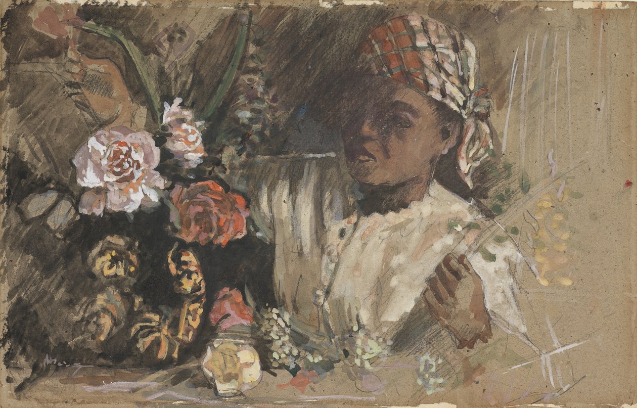 امرأة سوداء مع الفاوانيا ، c.1870 (مرحاض ، الغواش ، الطباشير والجرافيت على البطاقة) بواسطة جان فريدريك بازيل