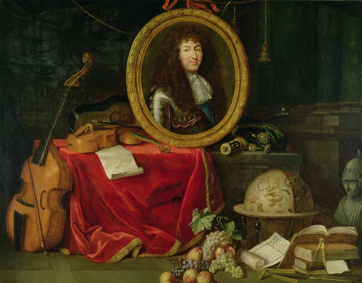 لا تزال الحياة مع صورة للملك لويس الرابع عشر (1638-1715) محاطة بالآلات الموسيقية والزهور والفواكه ، 1672 بواسطة جان غارنييه