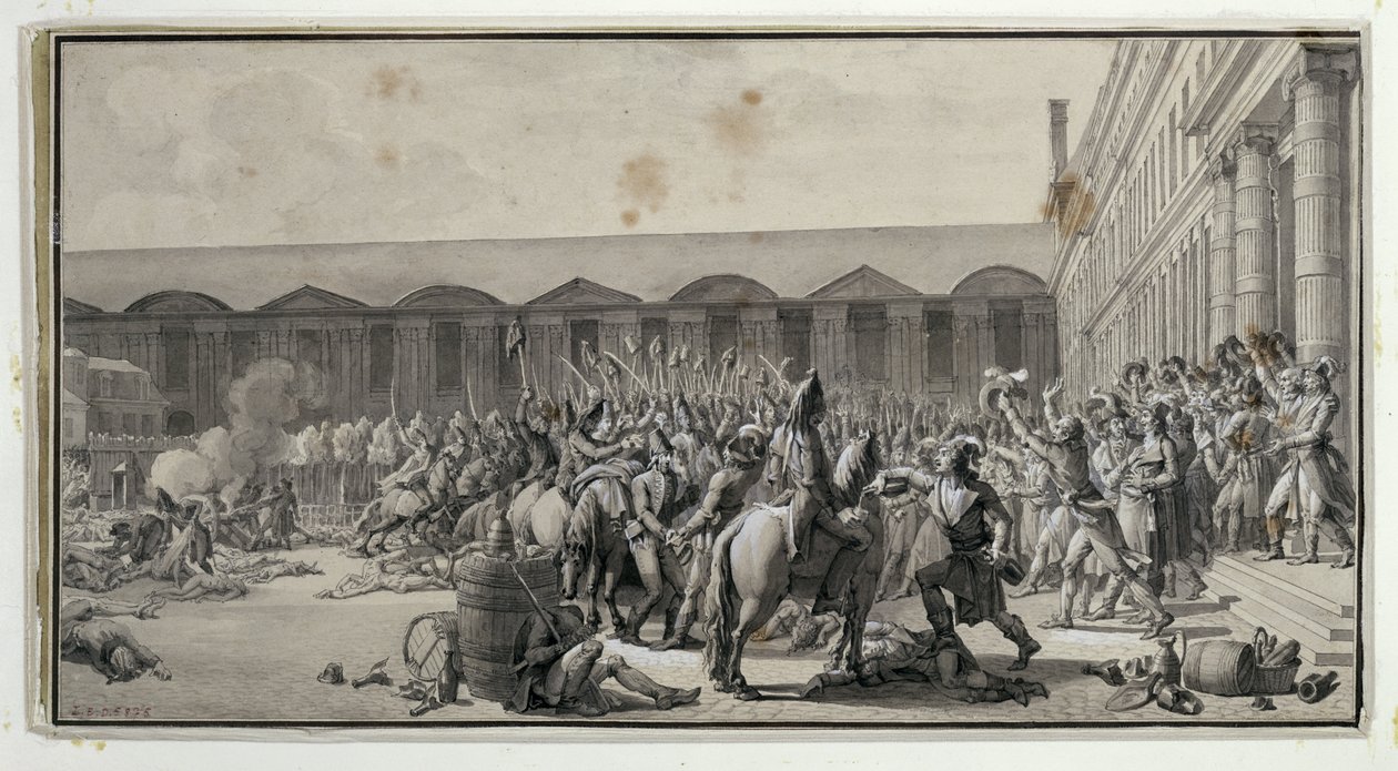 الدفاع عن المؤتمر الوطني في ساحة كاروسيل ، 12 Vendemiaire An IV (4th October 1795) (قلم جاف وحبر ومرحاض على ورق) بواسطة جان جاك فرانسوا لو باربييه
