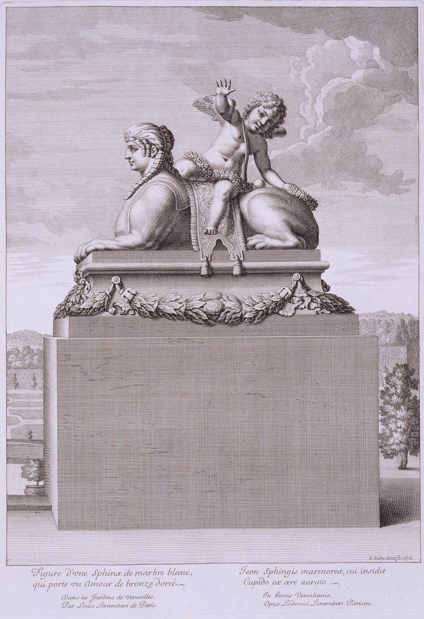 شكل تمثال لأبي الهول من الرخام الأبيض ، يحمل كيوبيد برونزي ، في فرساي ، 1676 ، من "Vues et Plans de Versailles" ، تم نشره في 1676-89 بواسطة جان ليبوتر