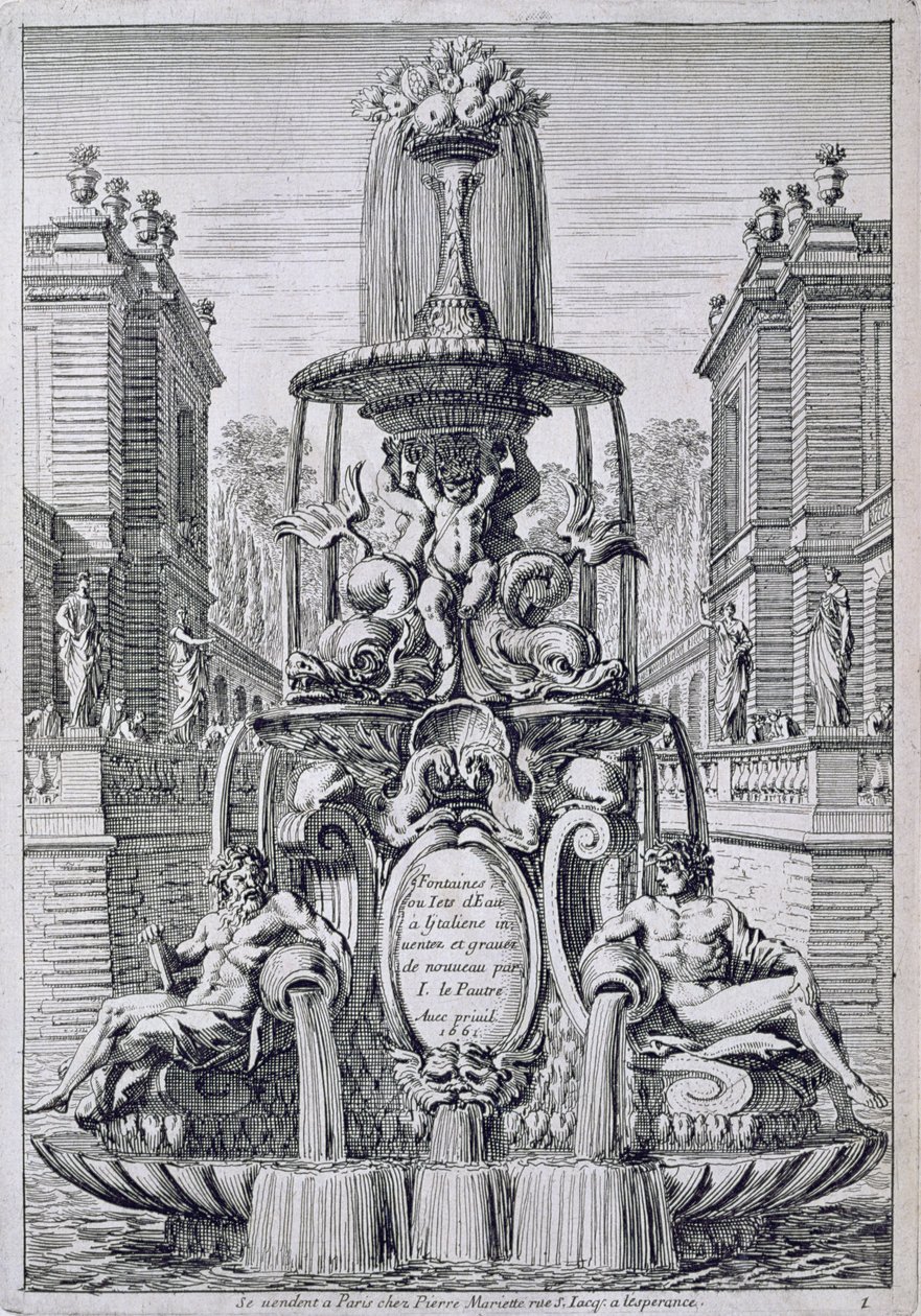 صفحة العنوان من "النافورة والنوافير المائية في النمط الإيطالي" ، نُشرت عام 1661 بواسطة جان ليبوتر