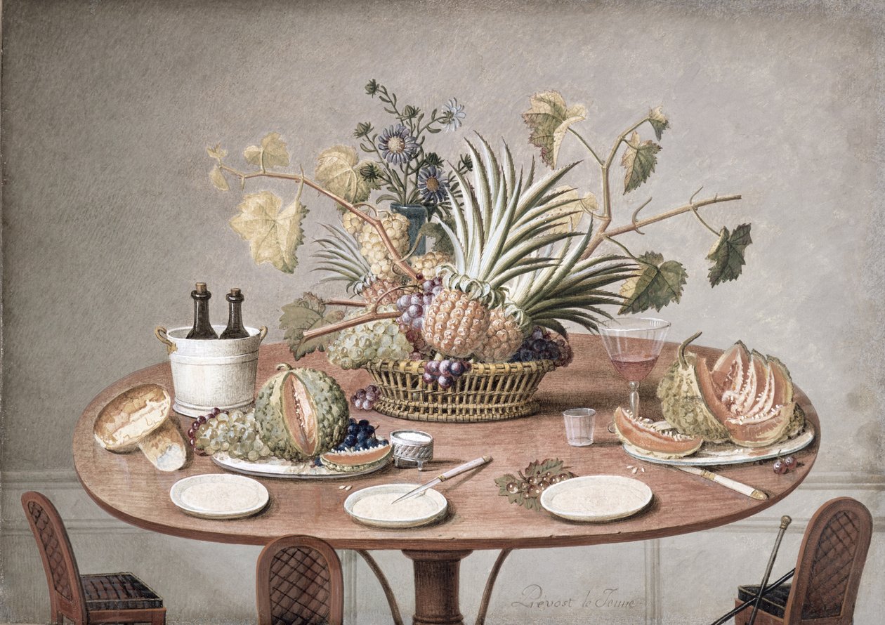 PD.874-1973 الحياة الساكنة لطاولة بها زهور وفاكهة ، c.1810 (wc und gouache) بواسطة جان لويس بريفوست