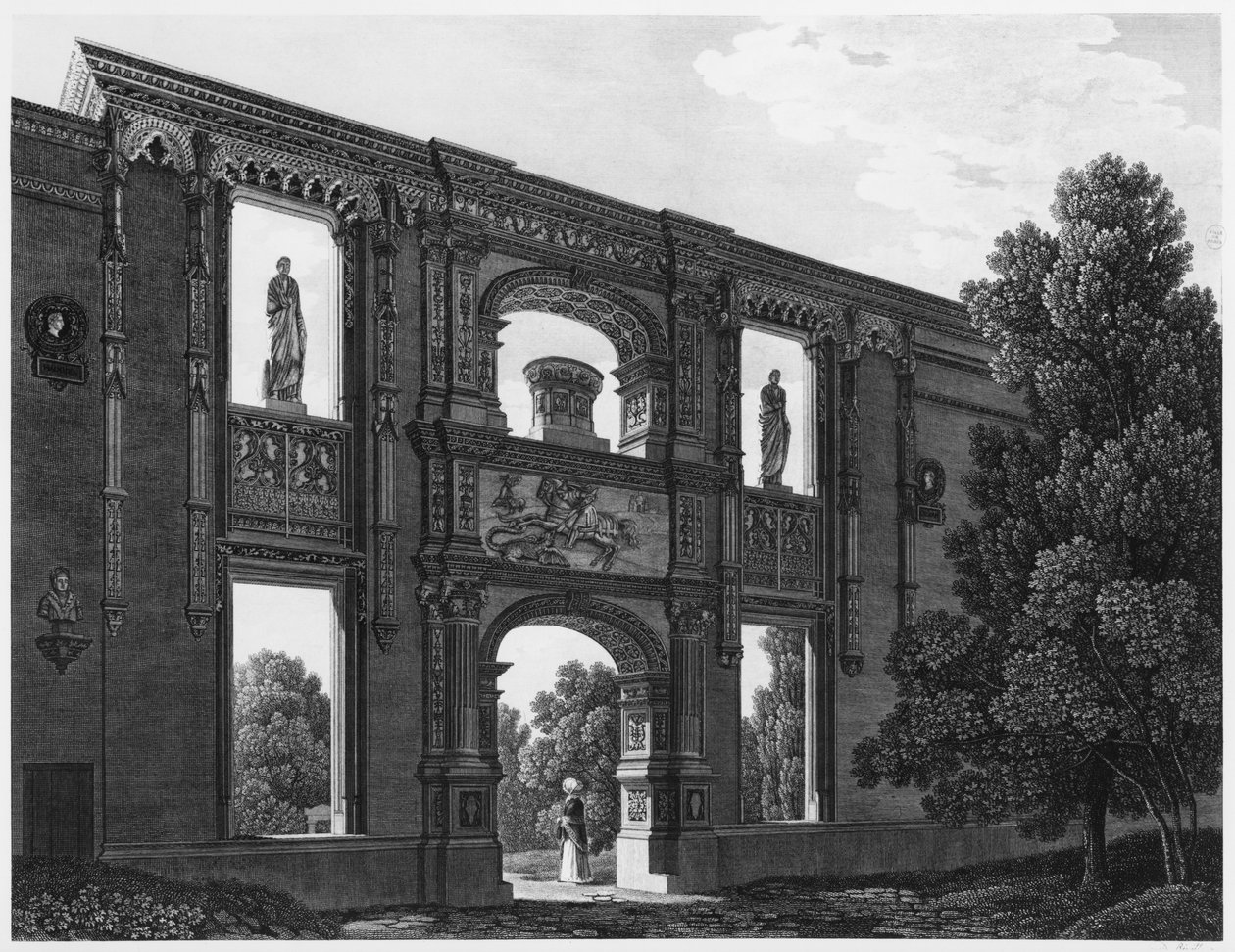 قوس Gaillon ، Musee des Monuments Francais ، باريس ، التوضيح من "مناظر خلابة ووجهات نظر من Musee des Monuments Francais والأعمال الرئيسية ..." ، محفورة بواسطة Jean B بواسطة جان لوبين فوزيل