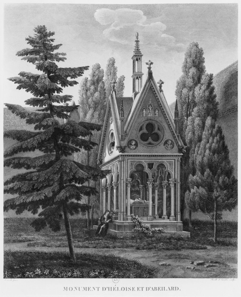 مقبرة Heloise و Abelard ، Musee des Monuments Francais ، التوضيح من "مناظر خلابة ووجهات نظر Musee des Monuments Francais والأعمال الرئيسية ..." ، محفورة بواسطة J بواسطة جان لوبين فوزيل