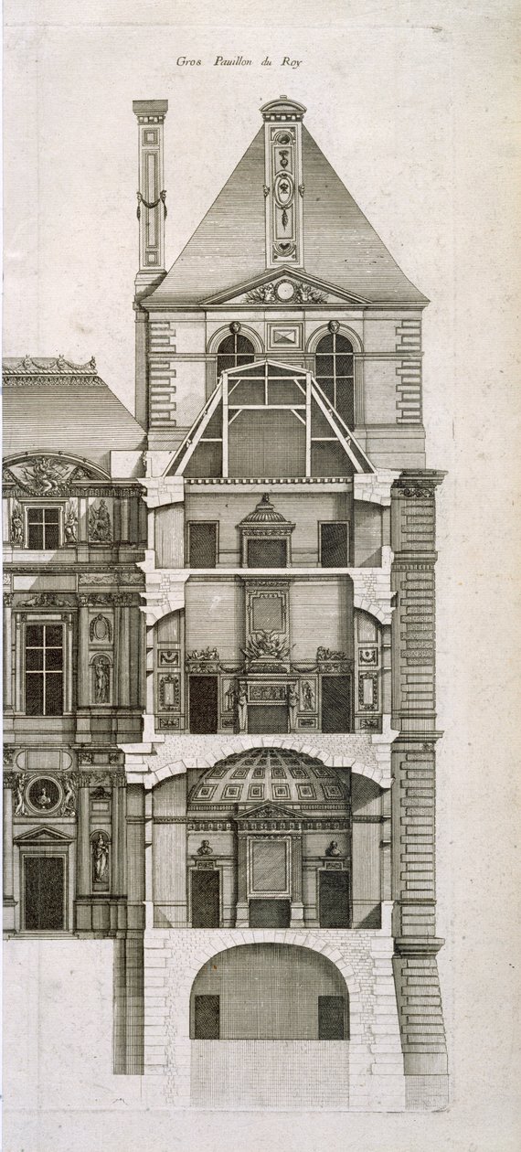 جناح الملك في متحف اللوفر ، من &39;L&39;arch architecture francoise ، ou Recueil des plans etc.&39; ، vI-V ، 1727-28 بواسطة جان مارييت