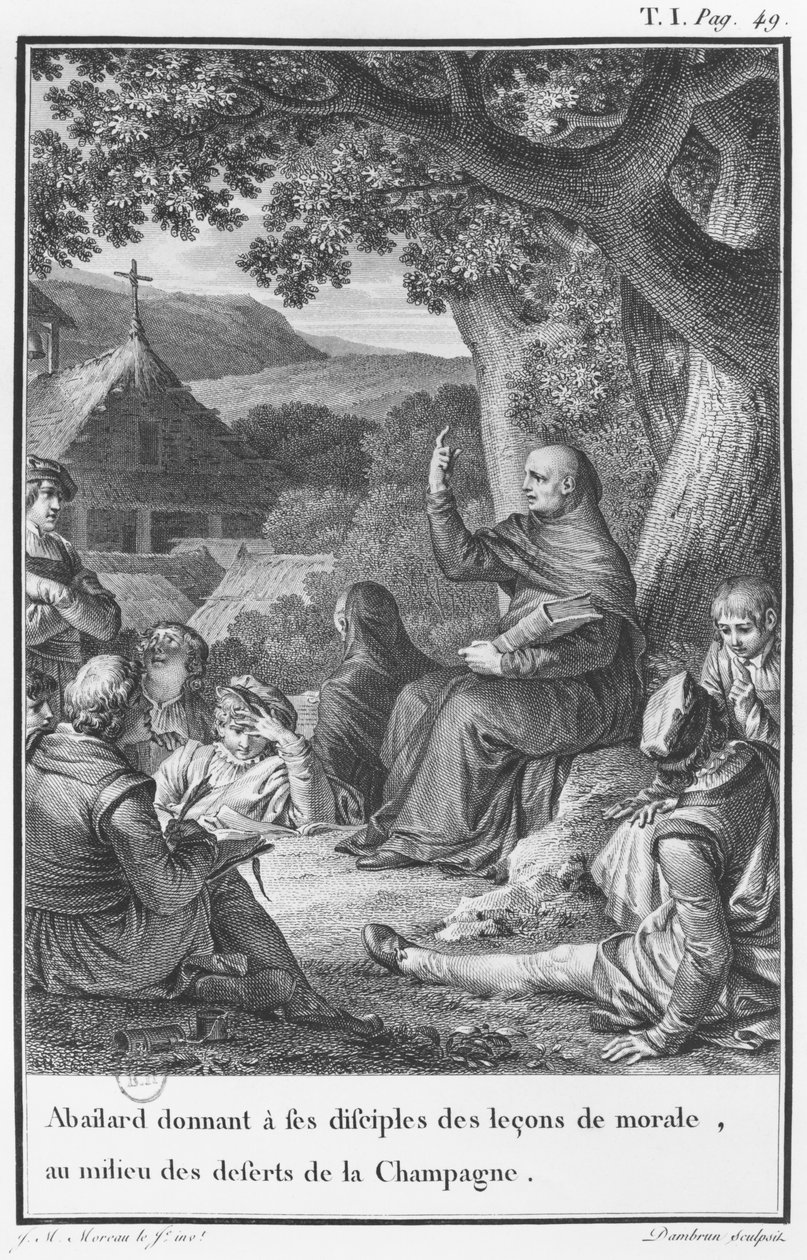 محاضرة أبيلارد بين التلاميذ في الشمبانيا المهجورة ، رسم توضيحي من &39;Lettres d&39;Heloise et D&39;Abelard&39; ، المجلد الأول ، الصفحة 49 ، محفورة بواسطة جان دامبرون (1741-بعد 1808) 1795 (bw pho بواسطة جان ميشيل الأصغر مورو