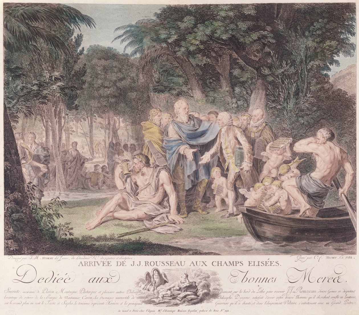 وصول جان جاك روسو (1712-78) في الحقول الإليزية ، 1782 (نقش الألوان) بواسطة جان ميشيل الأصغر مورو