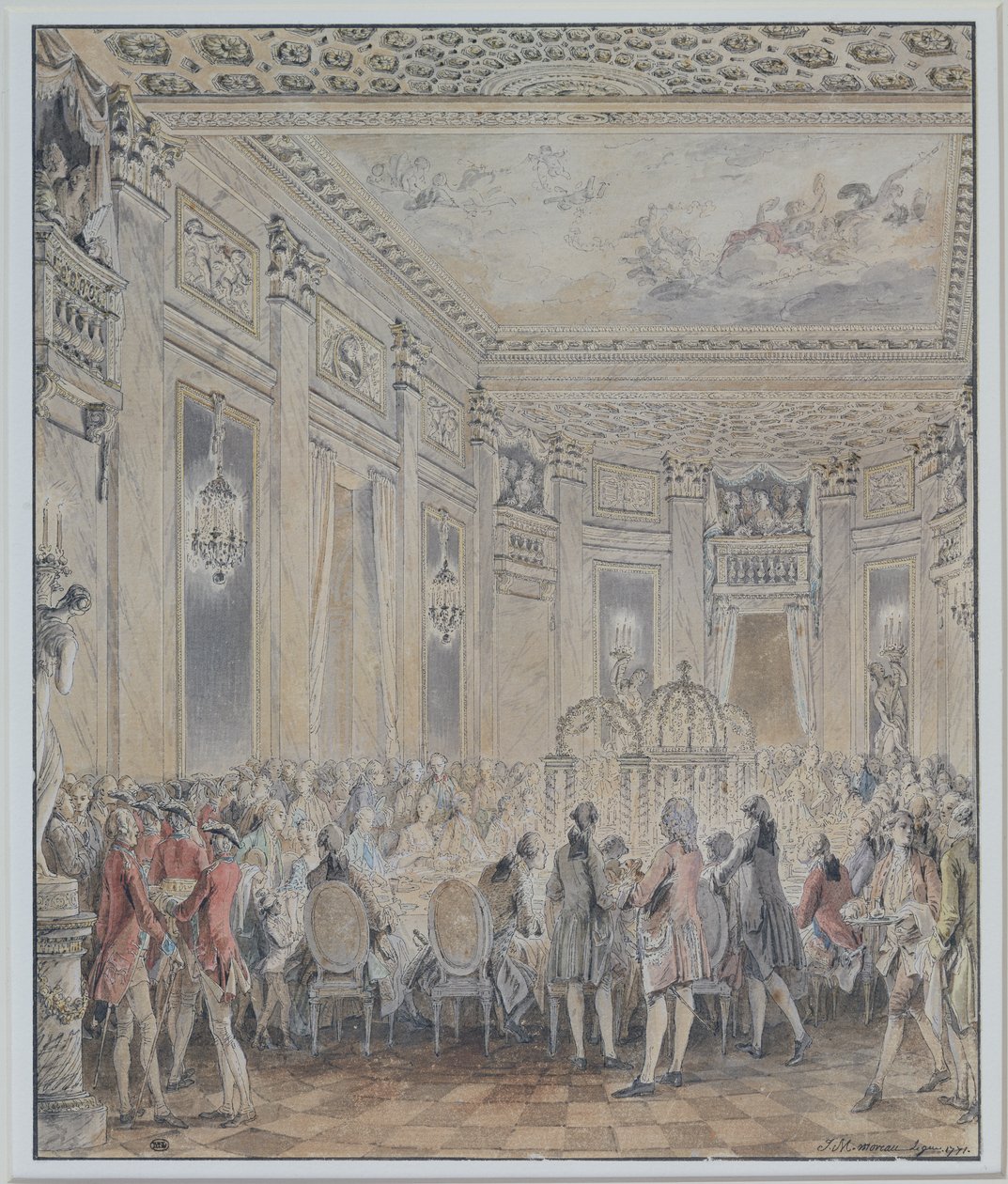 العيد الذي قدمته مدام دو باري (1743-1793) لـ Louis XV في 2 سبتمبر 1771 عند افتتاح Pavillon في Louveciennes ، 1771 (قلم وحبر ومرحاض على ورق) بواسطة جان ميشيل الأصغر مورو
