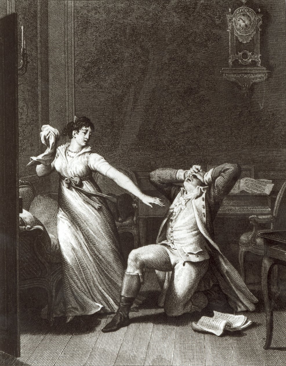 رسم توضيحي من "أحزان ويرثر" لجوهان فولفجانج جوته (1749-1832) ، منقوش بواسطة جان بابتيست سيمونيه (1742-1813) بواسطة جان ميشيل الأصغر مورو