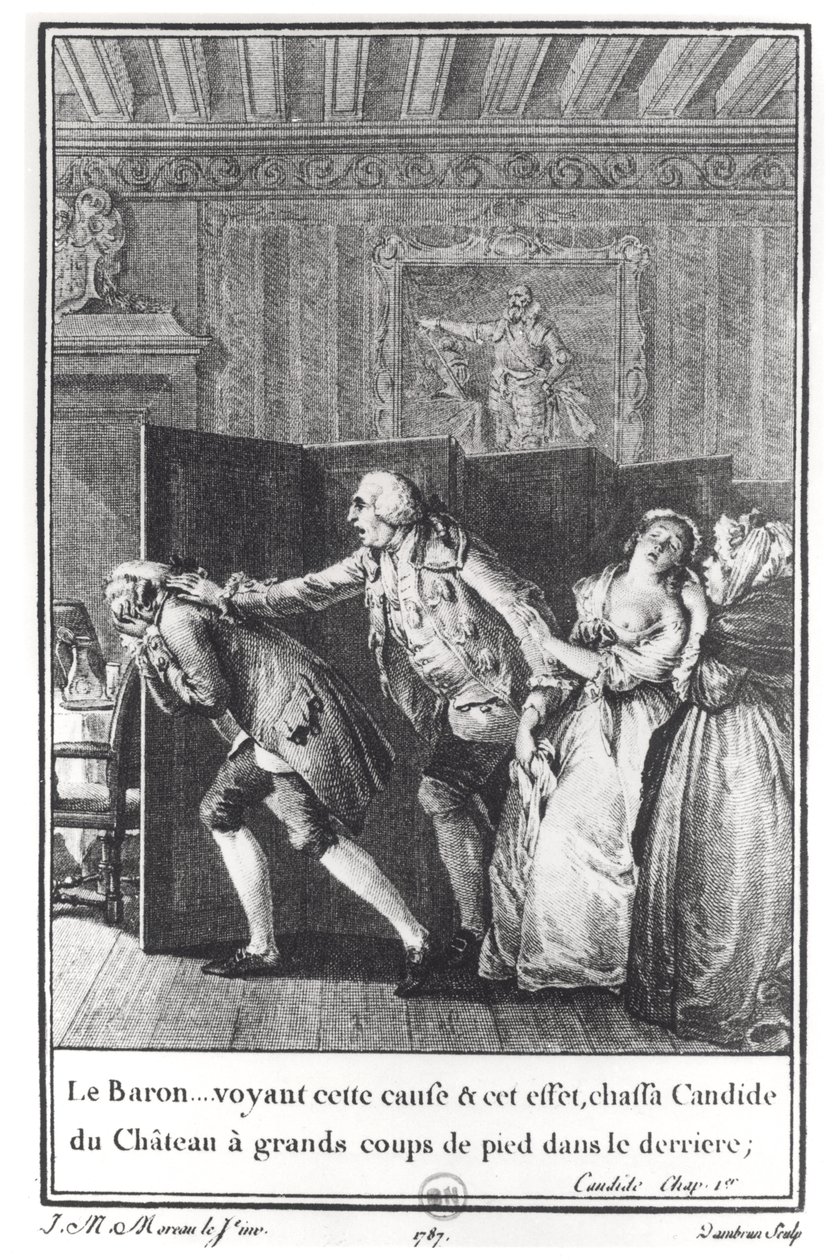 `` The Baron ... طارد Candide من القصر مع ركلات كبيرة في الخلف &39;، توضيح من الفصل 1 من&39; Candide &39;بواسطة فرانسوا فولتير (1694-1778) منقوش بواسطة جان دامبرون (1741-ص 1808) 1787 (هـ بواسطة جان ميشيل الأصغر مورو