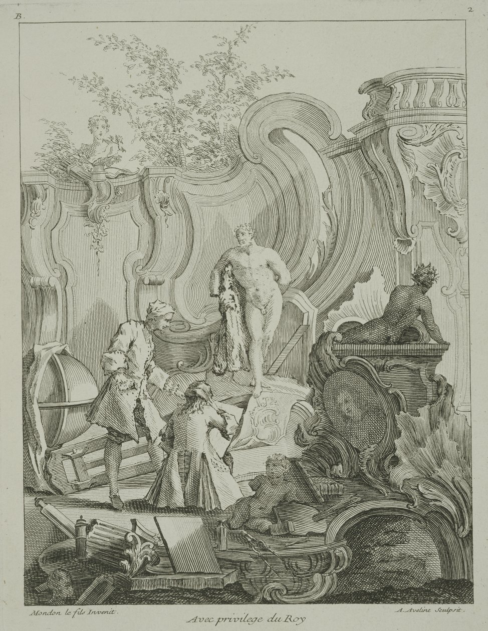 حرفيون يعملون على التصاميم ، من "Rococo Ornament" ، نقشها أنطوان أفيلين (1691-1743) ، نشر 1736-1749 بواسطة جان موندون