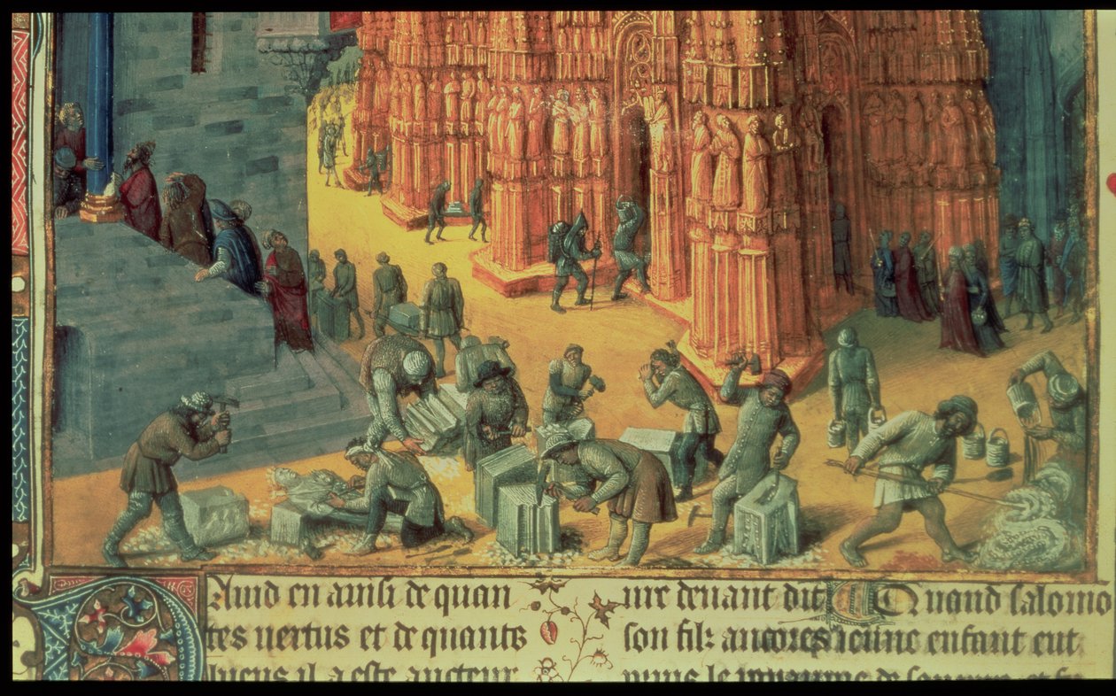 Fr 847 f.153 مبنى معبد القدس ، تفاصيل تُظهر الماسونيين في العمل ، رسم توضيحي من "Antiquites Judaiques" ، ج 1470-76 بواسطة جان فوكيه