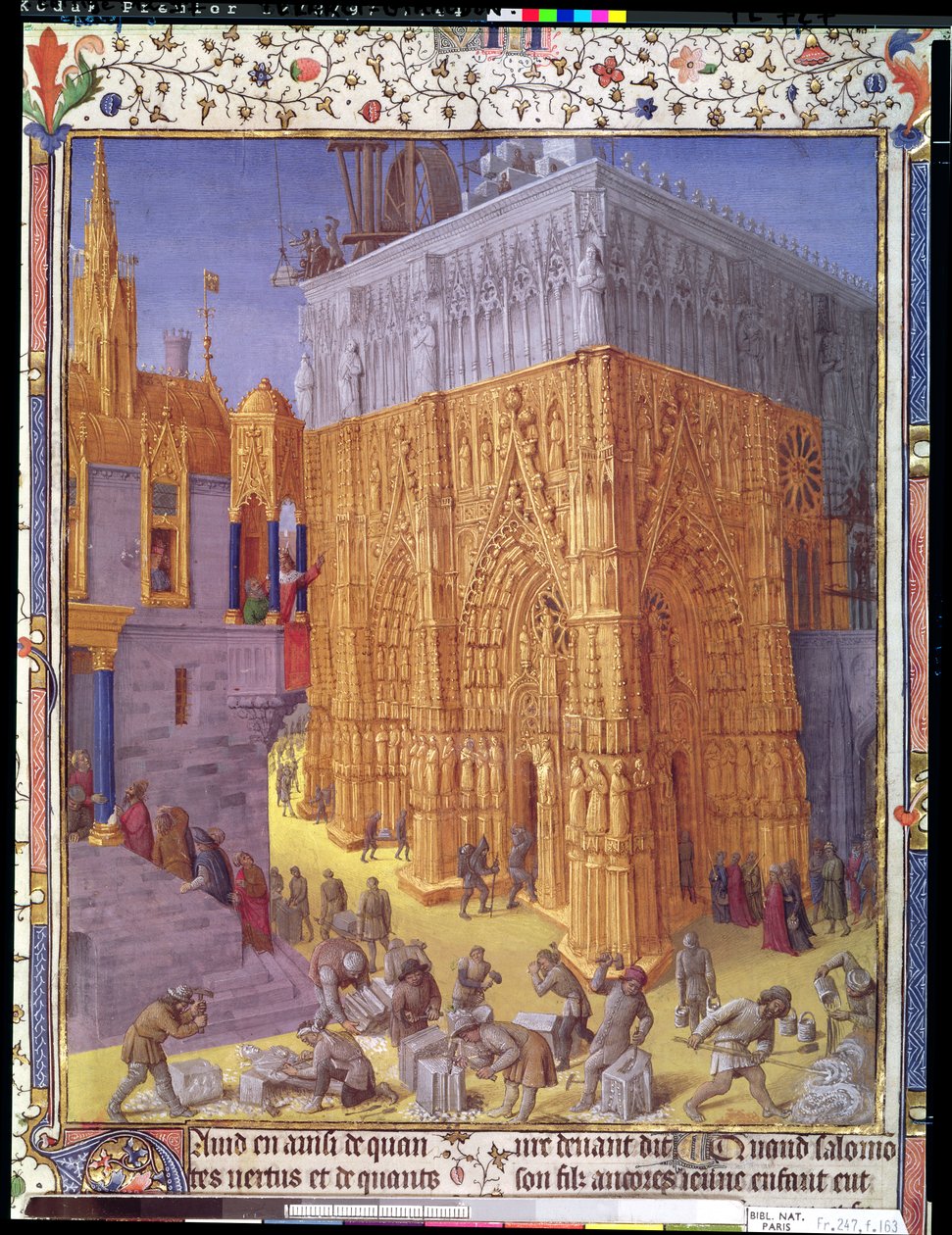 السيدة Fr 247 f.153v بناء معبد القدس ، صورة توضيحية من كتاب "Antiquites Judaiques" ، ج 1470 بواسطة جان فوكيه