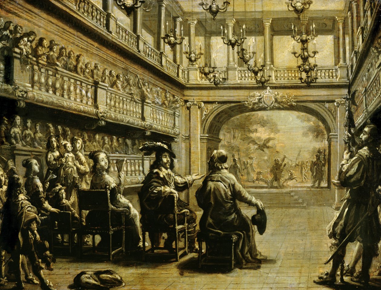 لويس الثالث عشر (1601-43) آن من النمسا (1601-66) والكاردينال ريشيليو (1585-1642) في إنتاج فيلم "ميرام" ، مسرحية جيه ديسماريست دي سان سورلين ، في قصر كاردينال (الآن القصر الملكي ) باريس بواسطة جان دي سانت إيجني