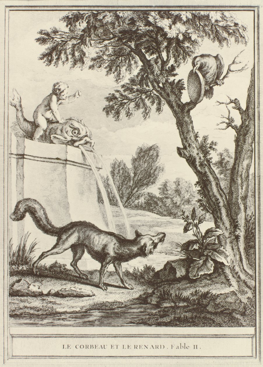 The Fox and the Crow ، من "Fables Choisis ، mises en Vers" لجان دي لا فونتين ، نقشها تشارلز نيكولاس كوتشين ، نشر 1755-1759 بواسطة جان بابتيست أودري