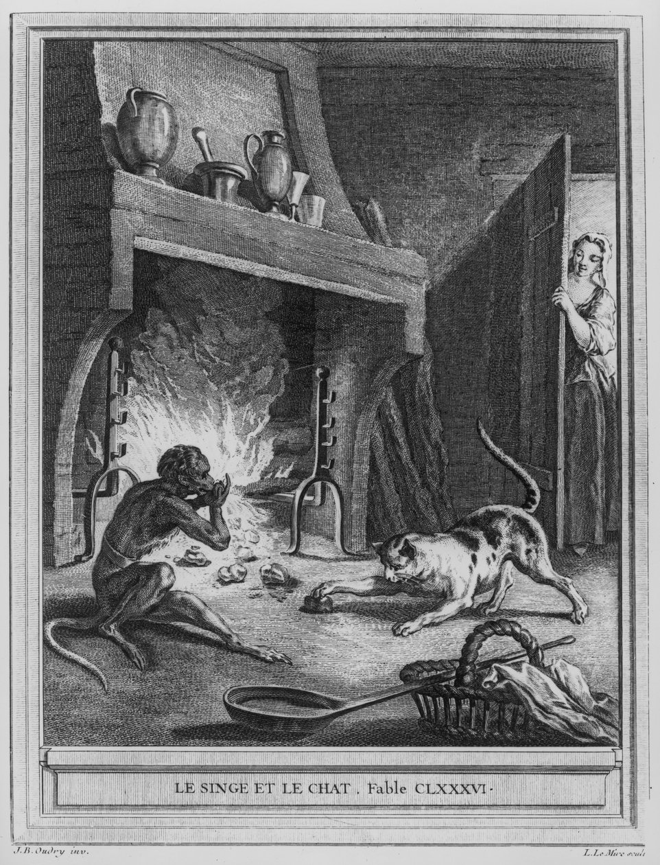 القرد والقط ، رسم توضيحي لـ "خرافات" لجان دي لافونتين (1621-1695) ، نقشها لويس لو مير (1736-57) بواسطة جان بابتيست أودري
