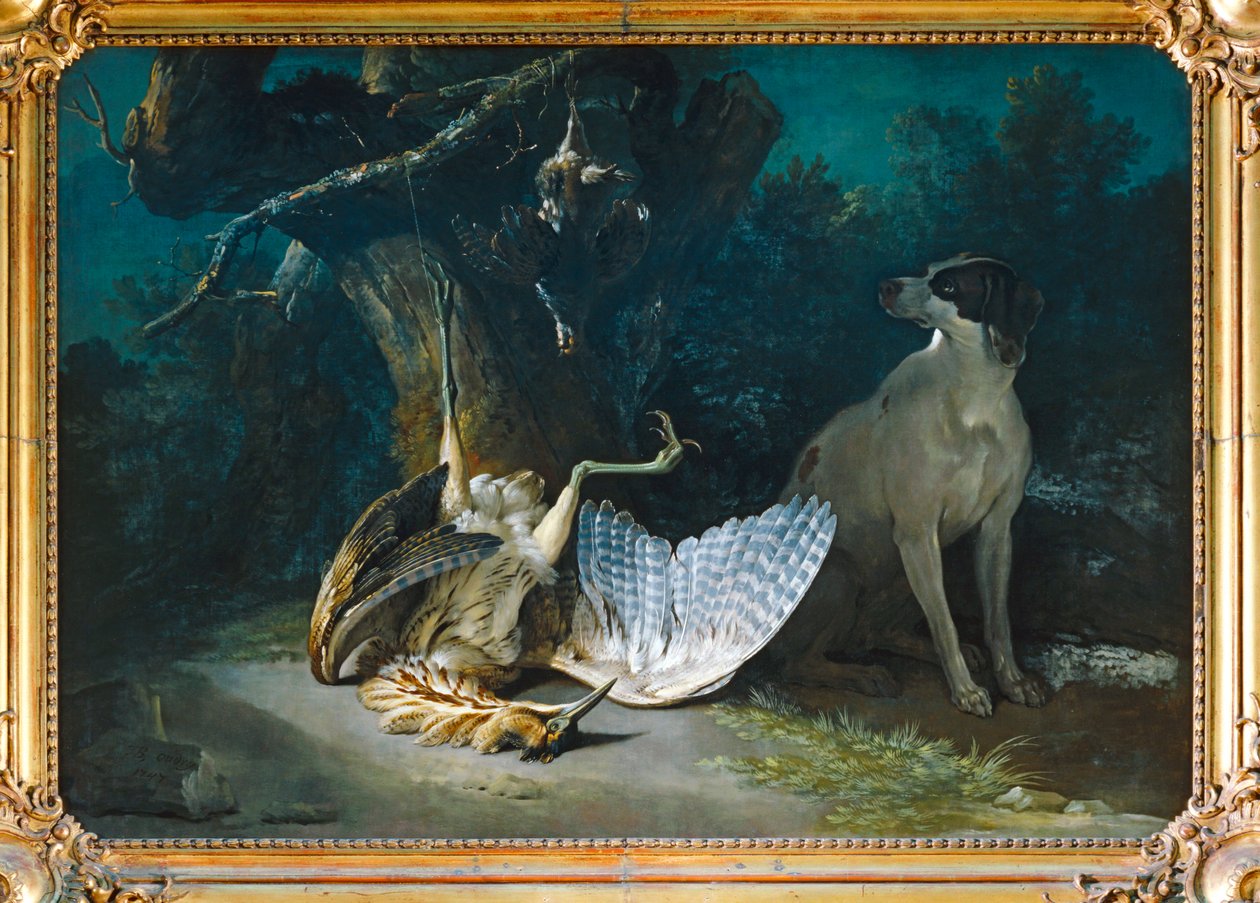 Butor et perdrixes gardes par un chien blanc - بوتر وحجل يرعاهما كلب أبيض ... بواسطة جان بابتيست (مدرسة) أودري