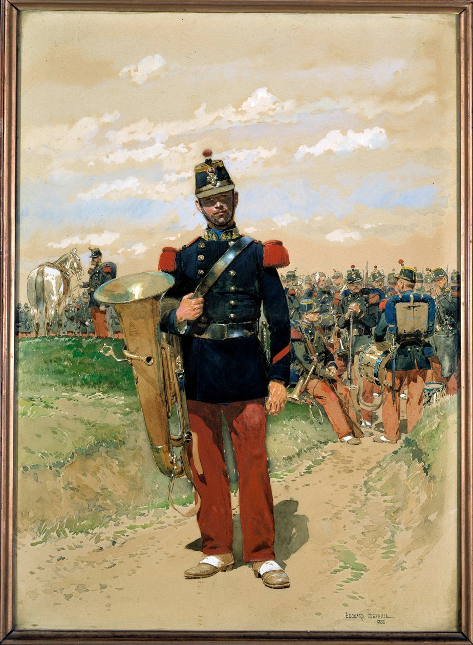 موسيقى الخط: عضو جندي في الأوركسترا العسكرية عام 1855. لوحة مائية لإدوار ديتيل (1848-1912). 1855. باريس متحف أرمي بواسطة جان بابتيست إدوارد التفاصيل