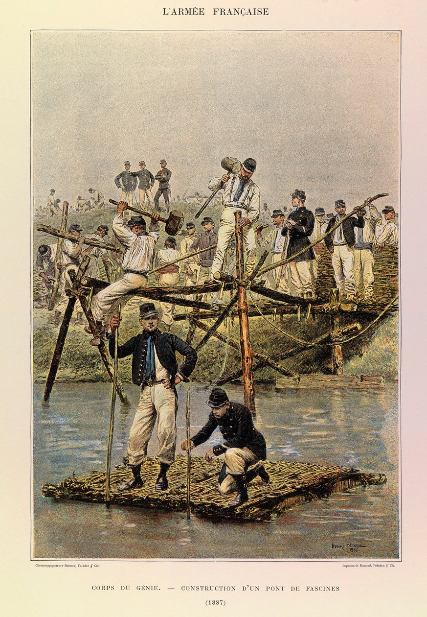 أنواع وأزياء الجيش الفرنسي للكابتن جول ريتشارد ، التي رسمها إدوارد ديتايل (1848-1912): Corps de Genie ؛ بناء جسر ساحات في عام 1887 ، مجموعة خاصة بواسطة جان بابتيست إدوارد التفاصيل