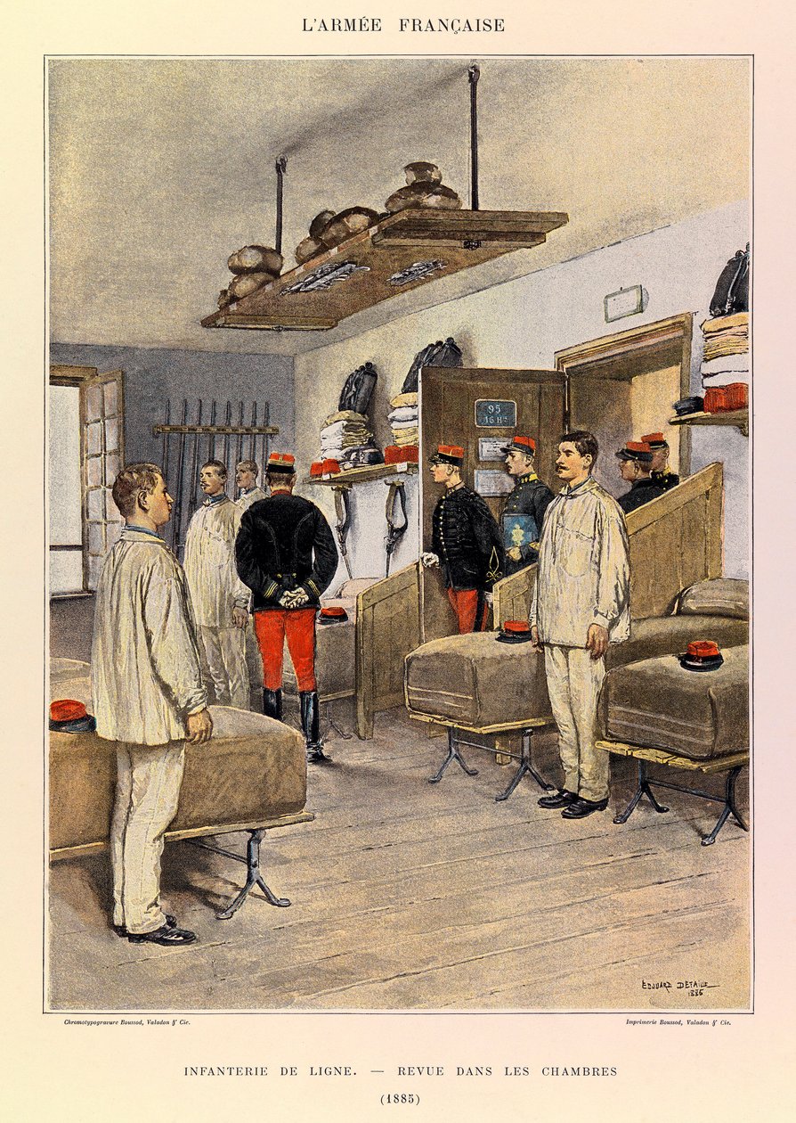 أنواع وأزياء الجيش الفرنسي للكابتن جول ريتشارد ، التي رسمها إدوارد ديتايل (1848-1912): مشاة الخط: Revue dans les chambers en 1885 ، مجموعة خاصة بواسطة جان بابتيست إدوارد التفاصيل