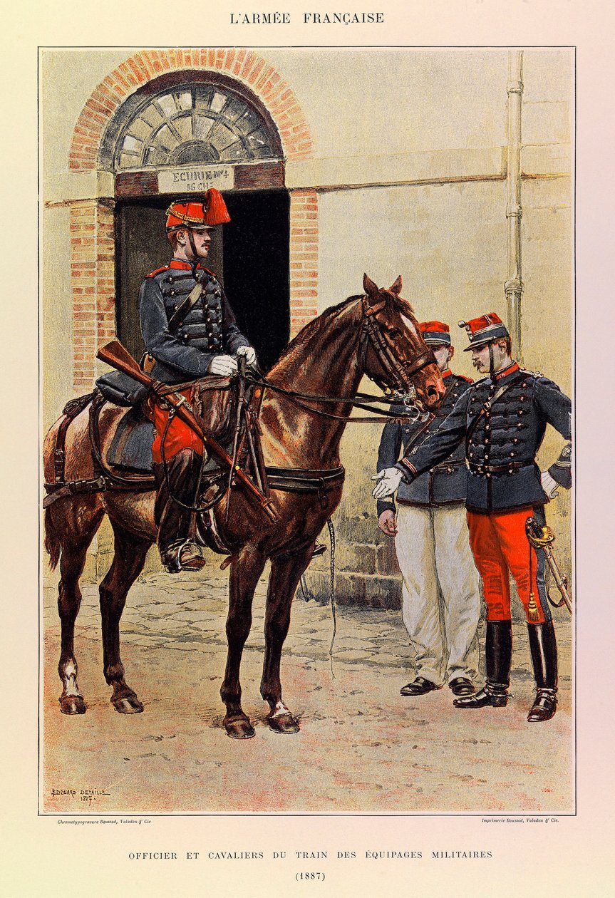 أنواع وأزياء الجيش الفرنسي للكابتن جول ريتشارد ، التي رسمها إدوارد ديتايل (1848-1912): ضابط وفرسان في قطار الأطقم العسكرية في عام 1887 ، مجموعة خاصة بواسطة جان بابتيست إدوارد التفاصيل