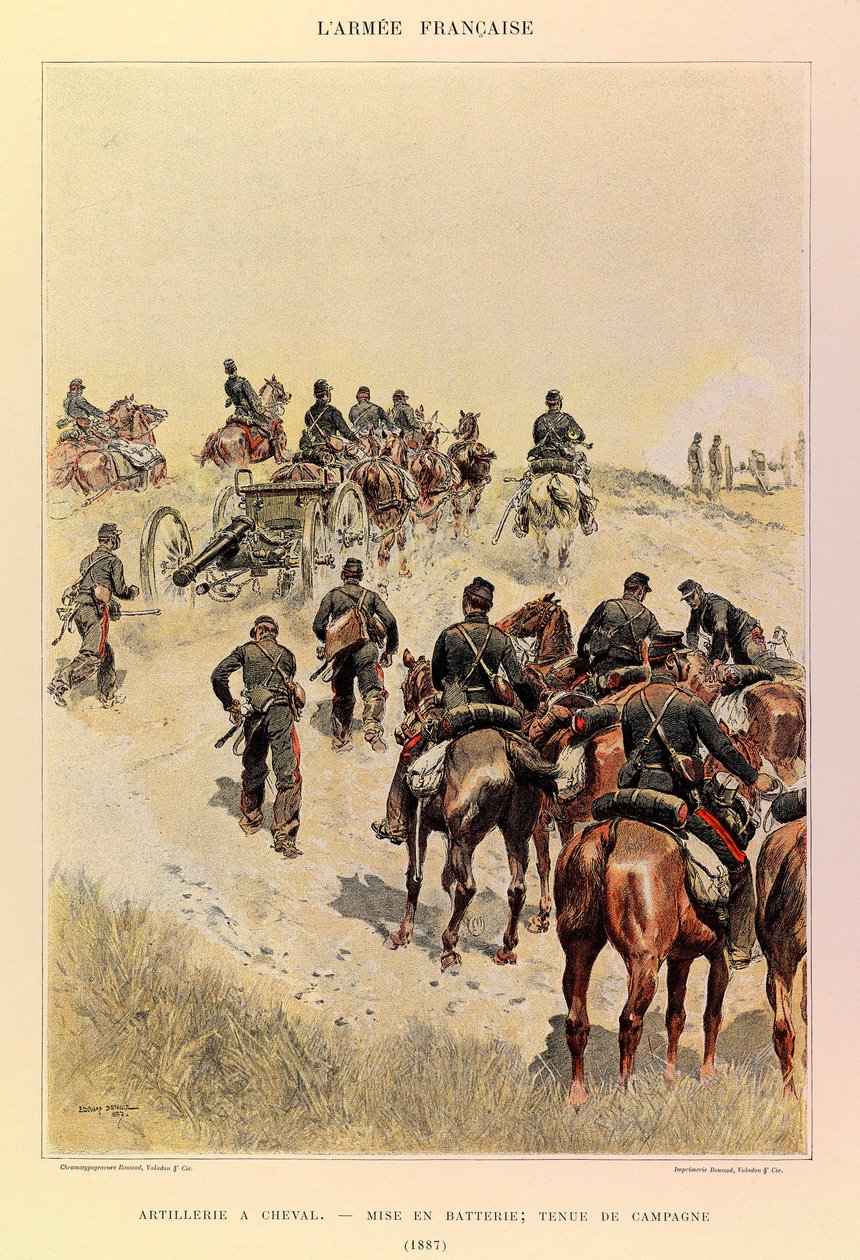 أنواع وأزياء الجيش الفرنسي للكابتن جول ريتشارد ، التي رسمها إدوارد ديتايل (1848-1912): مدفعية على ظهور الخيل ؛ بطاريات ثوب ميداني عام 1887 من مجموعة خاصة بواسطة جان بابتيست إدوارد التفاصيل