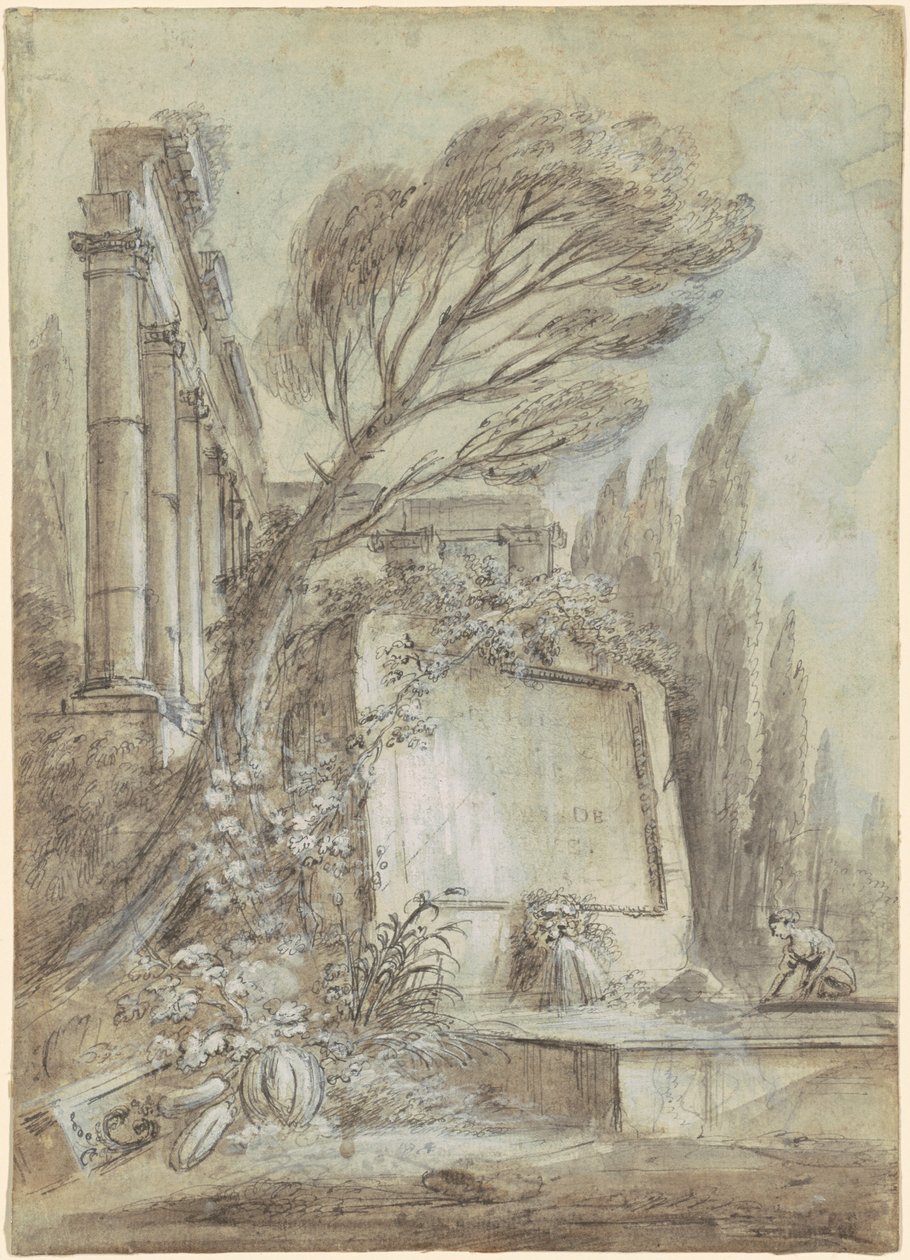 خيال معماري لآثار رومانية مع لوحة نقش، حوالي عام 1768 (حبر بني على ورق) بواسطة جان بابتيست لالماند