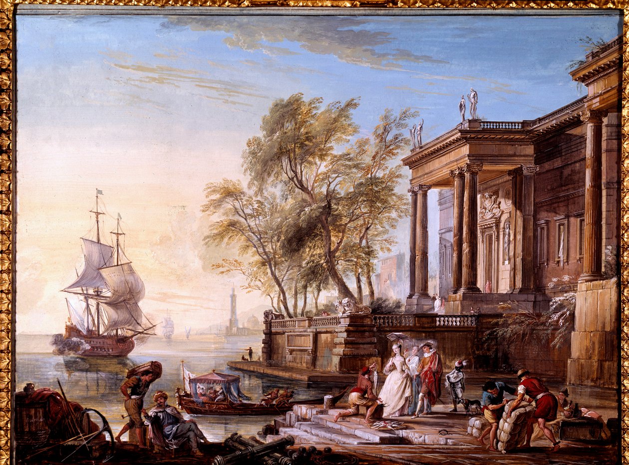 Marine at sunset Painting by Jean Baptiste Lallemand (Lallemant) (1710-1803) 18th century Dijon, Musee des Beaux Arts. بواسطة جان بابتيست لالماند