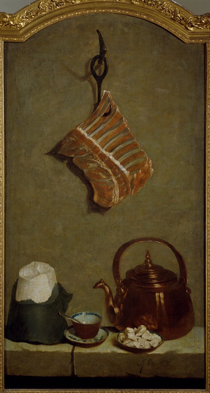 لا تزال الحياة مع ربع اللحم وخبز السكر وغلاية نحاسية وكوب ، بقلم جان بابتيست أودري (1686-1755) بواسطة جان بابتيست أودري