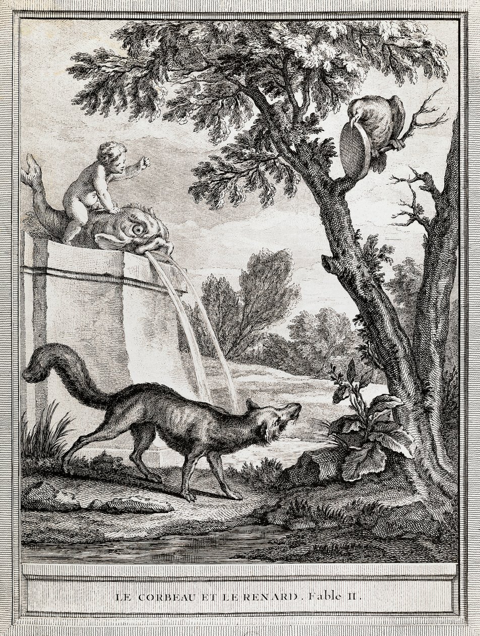 الغراب والثعلب ، رسم توضيحي لجين بابتيست أودري (1686-1755) للحكاية التي كتبها جان دي لافونتين (1621-1695) بواسطة جان بابتيست أودري