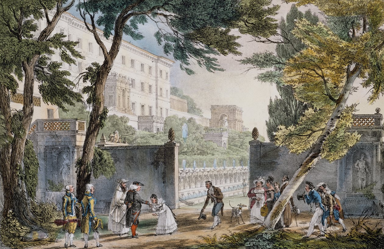 مشهد جالانت عند مدخل فيلا في روما ، حوالي عام 1820 ، نقش بواسطة جان بابتيست توماس (1791.1833) بواسطة جان بابتيست توماس