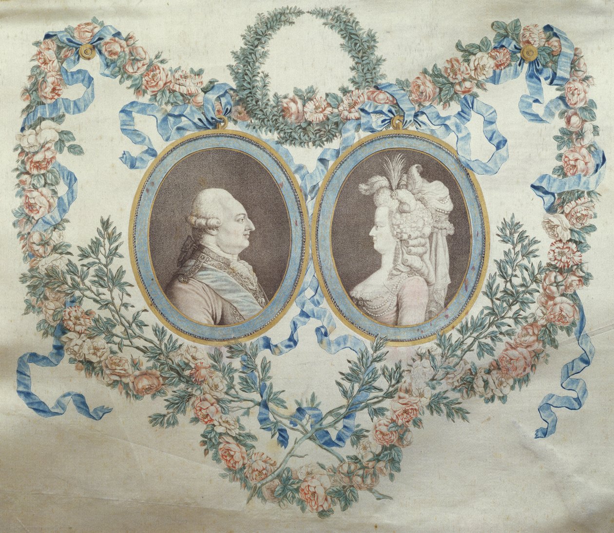 غطاء لبونبونير يصور لويس السادس عشر (1754-93) وماري أنطوانيت (1752-93) ، ج 1785 (حرير مطبوع) بواسطة جان فرانسوا جانينيت