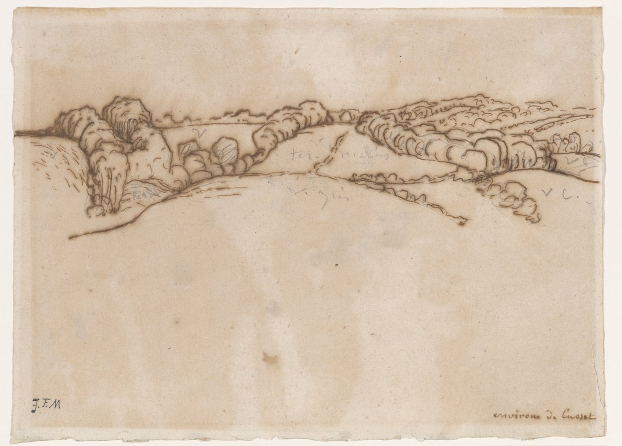 Environs de Cusset، c.1866-69 (قلم وحبر بني مع جرافيت على ورق مضغوط) بواسطة جان فرانسوا ميلت