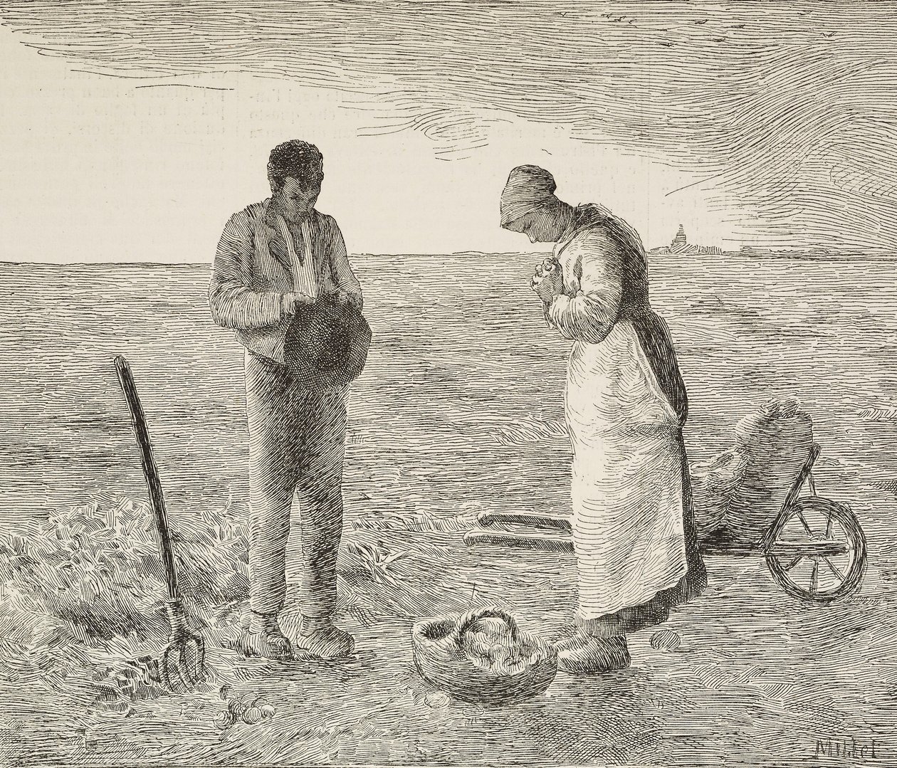 Angelus، زوجان من المزارعين في الحقول، نقش من لوحة لجان فرانسوا ميليت (1814-1875)، رسام فرنسي، من L'Illustrazione Italiana، السنة 16، العدد 32، 11 أغسطس بواسطة جان فرانسوا ميلت